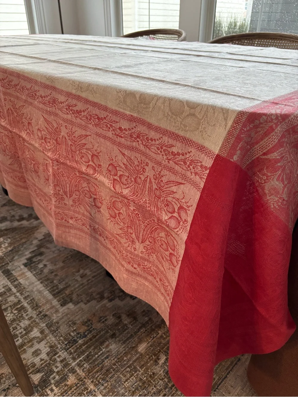 Williams Sonoma Red and Cream Jacquard Dining Tablecloth